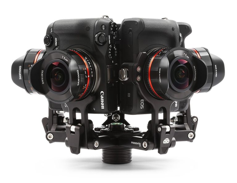 Aparate foto DSLR cu obiective fisheye, montate pe un suport pentru fotografie 360°