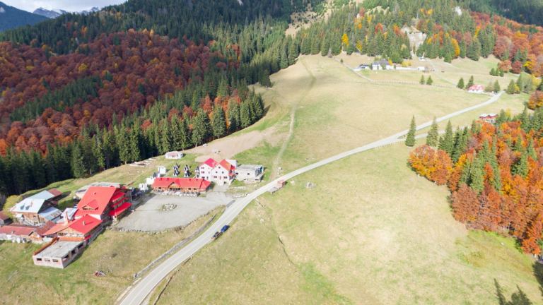 Cheia – Măneciu: cabanele de la Muntele Roșu și pădurea de toamnă, din dronă