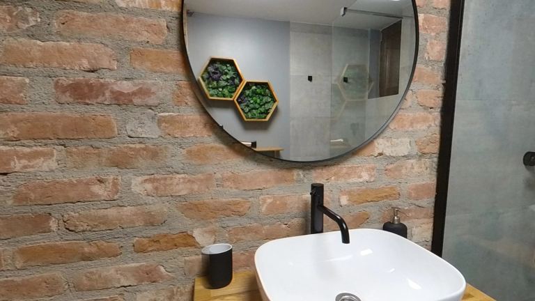 Evergreen Apartment: baia cu perete de cărămidă